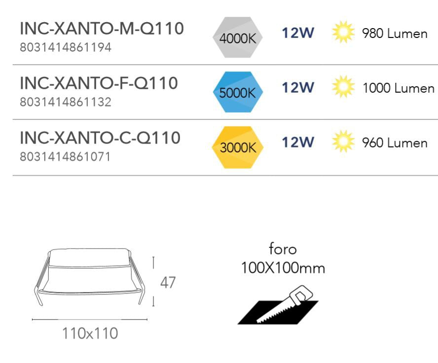 Faretto XANTO 11x11 cm quadrato Da Incasso Led 12w in alluminio